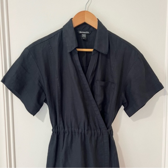 Athleta Black Linen Short Sleeve Knee Length Wrap Dress US6 - Picture 4 of 7